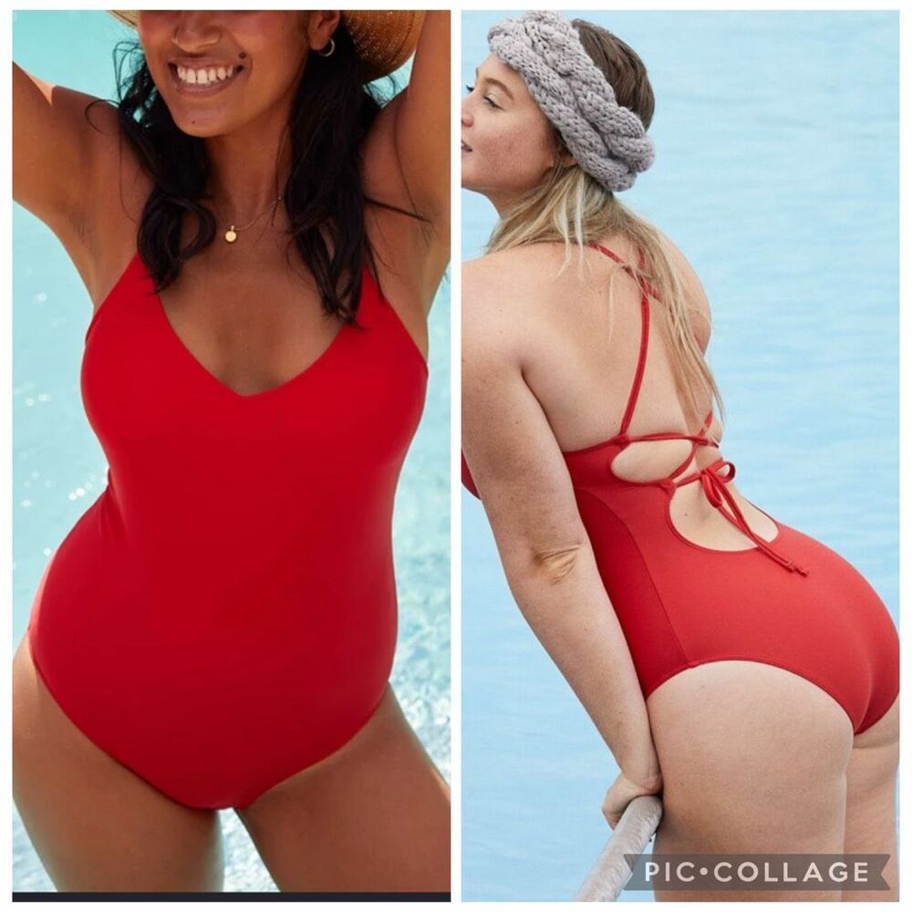 Aerie full coverage strappy lace up back red one piece swimsuit